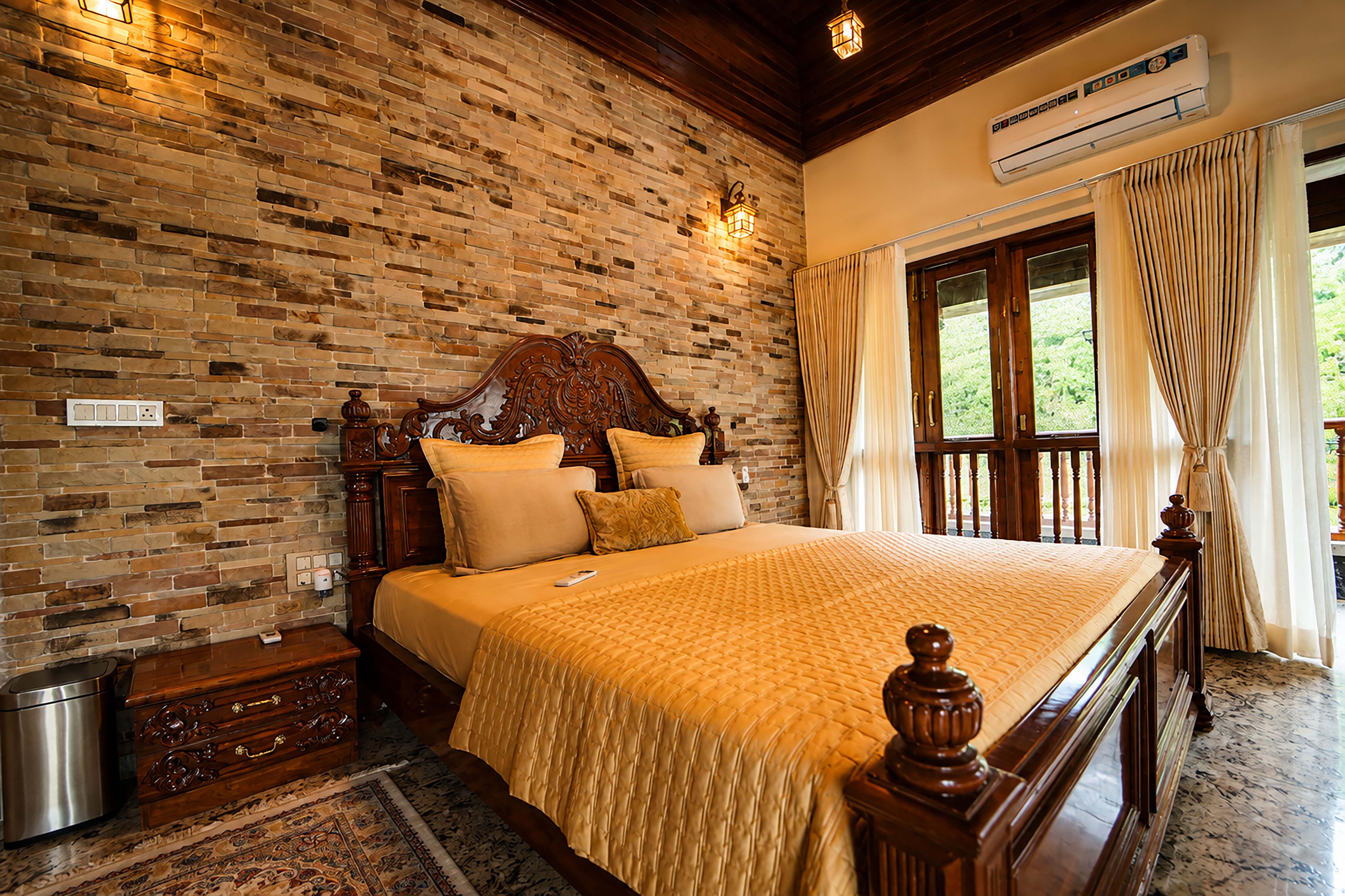 Bedroom with carved wooden wardrobe